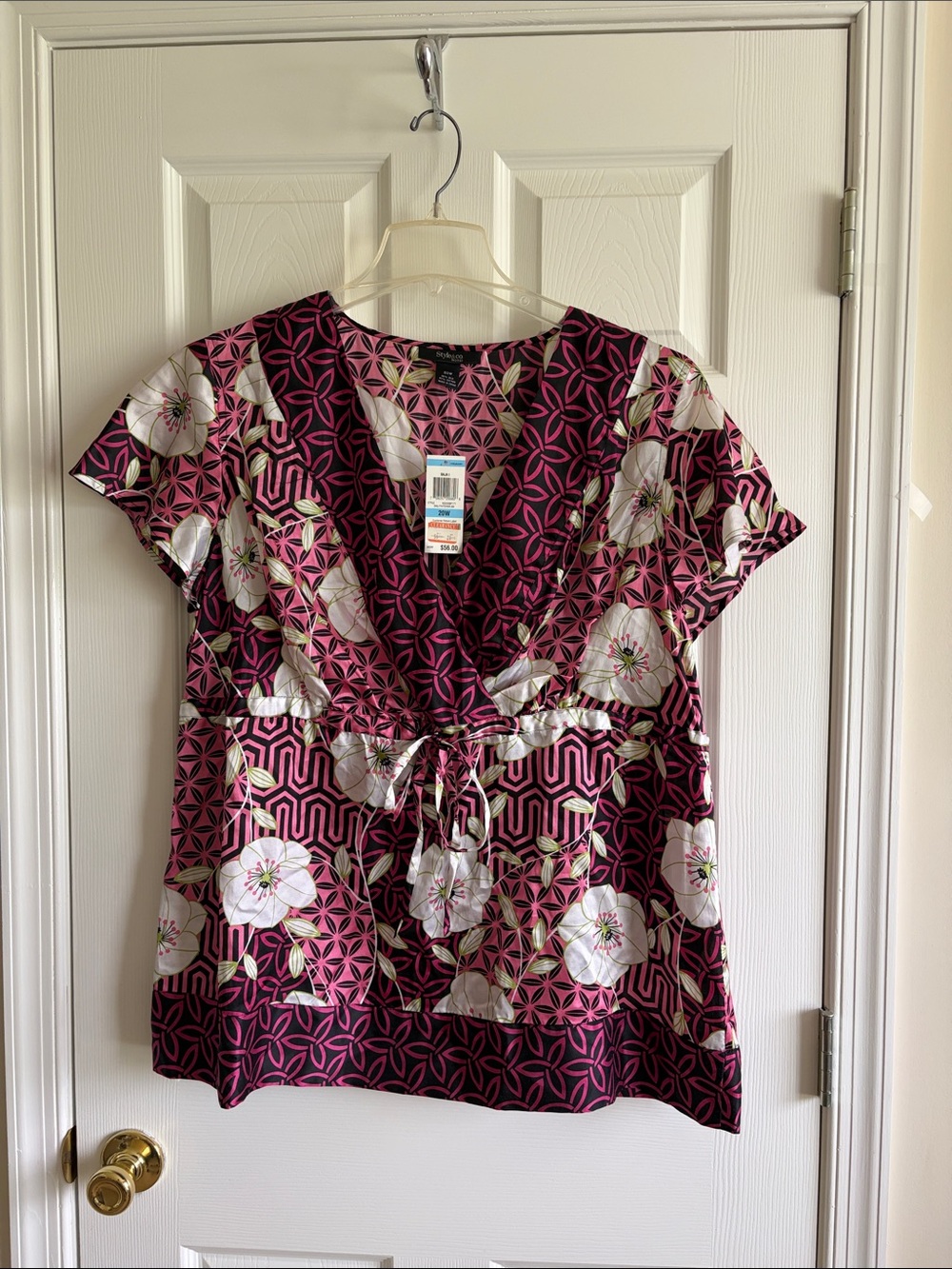 Style & Co. Pink Floral V-Neck Drawstring Tunic
